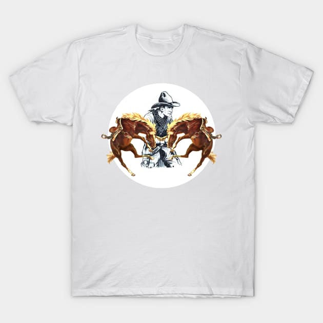 Wild West Rodeo Cowboy is armed and has horses neighing T-Shirt by Marccelus